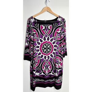 Nicole Miller Shift Dress Womens Size Large Printed Cocktail Party Purple/Black